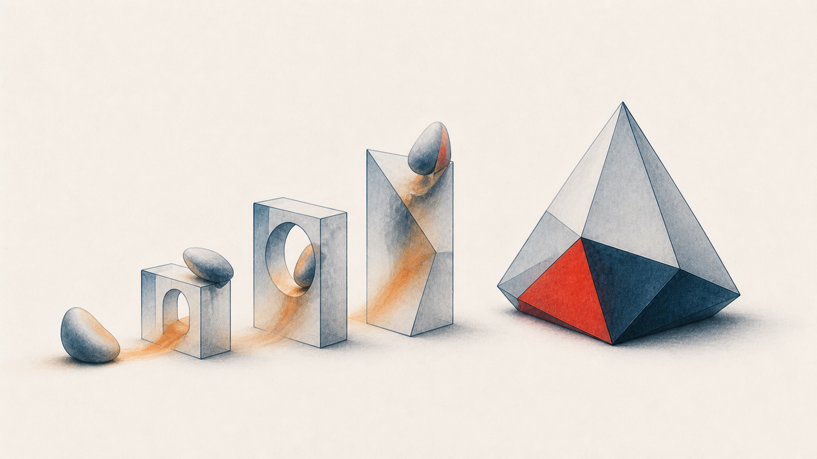 A rough form leaves warm traces while climbing through demanding structures toward a finished object